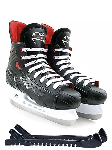 BOTAS - Attack 191 - Men's Ice Hockey Skates | Made in Europe (Czech Republic) | Color: Black/Red/White, Men's 6 Bundle with Skate Guards