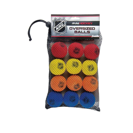 Franklin Sports Knee Hockey Balls - Indoor Mini Foam Hockey Balls for Kids - 12 Soft Foam Hockey Balls - Assorted Colors - Drawstring Bag
