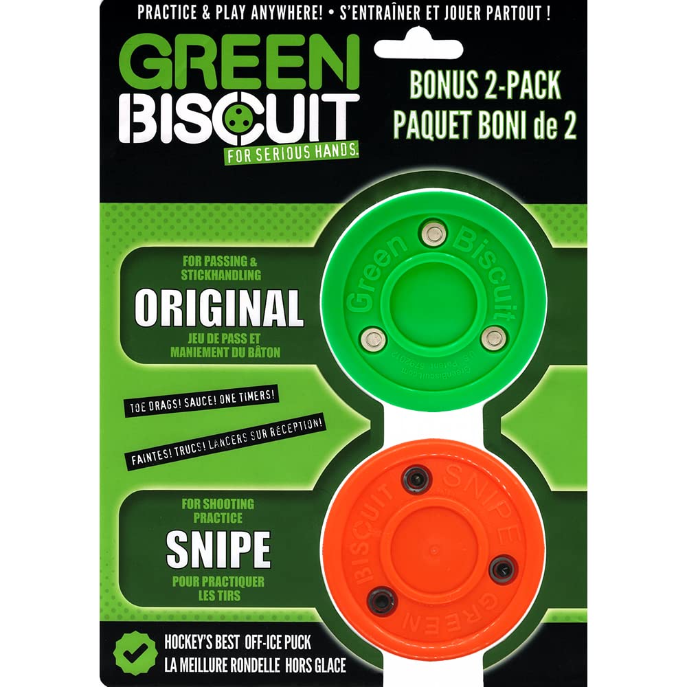 Green Biscuit Hockey Puck 2-Pack, Original, Off Ice Hockey Puck/Snipe, Shooting Street Hockey Puck