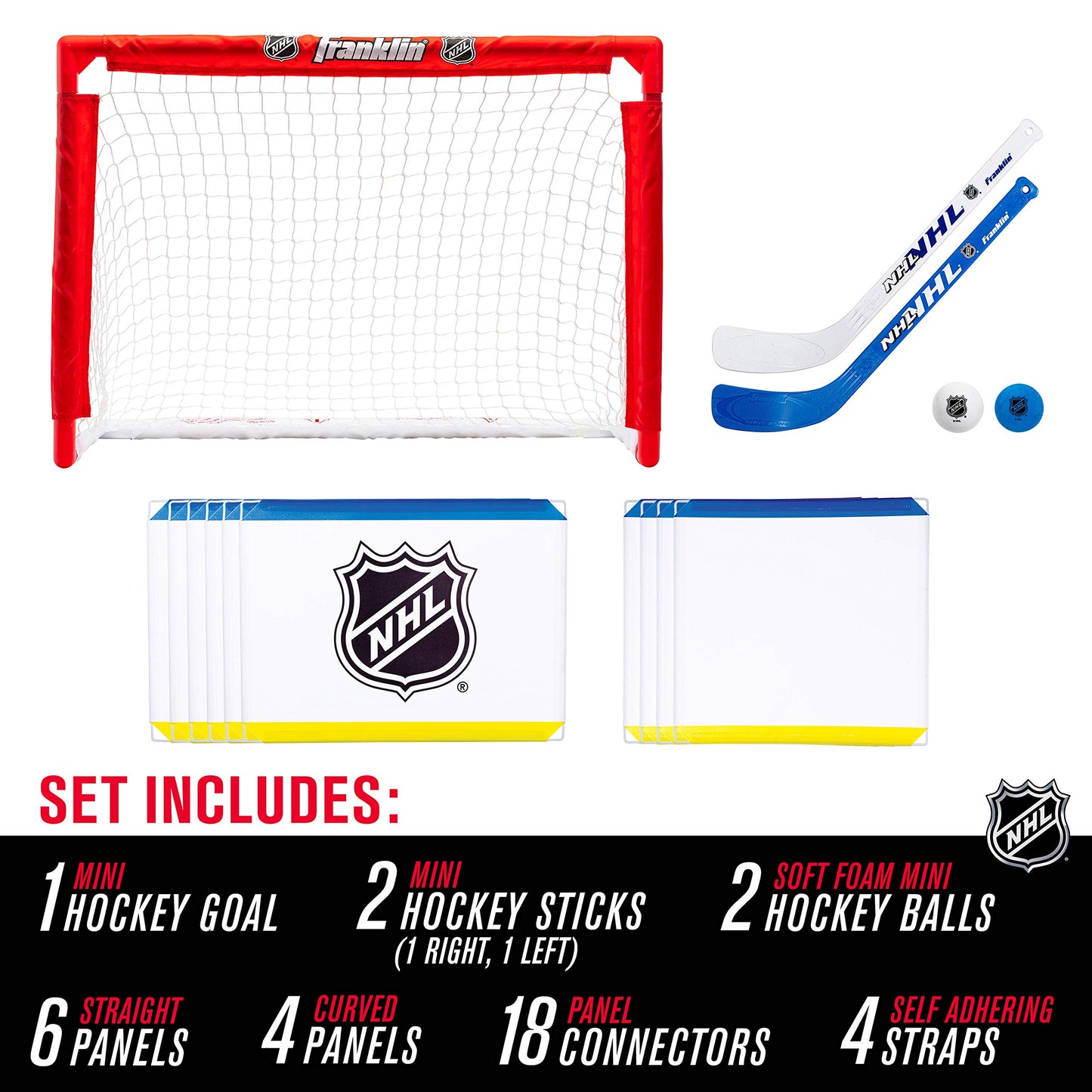 Franklin Sports Mini Hockey Rink Set - Half Rink Knee Hockey Goal, Mini Sticks, and Ball Set - Indoor Mini Hockey Rink - Official NHL Licensed White