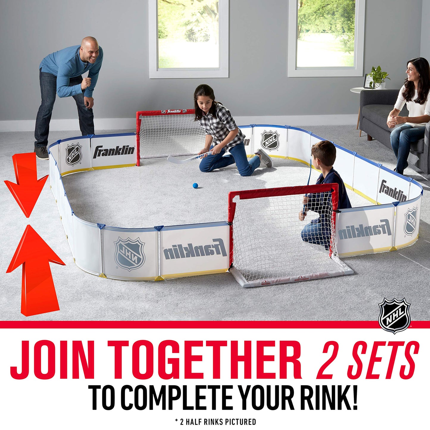 Franklin Sports Mini Hockey Rink Set - Half Rink Knee Hockey Goal, Mini Sticks, and Ball Set - Indoor Mini Hockey Rink - Official NHL Licensed White