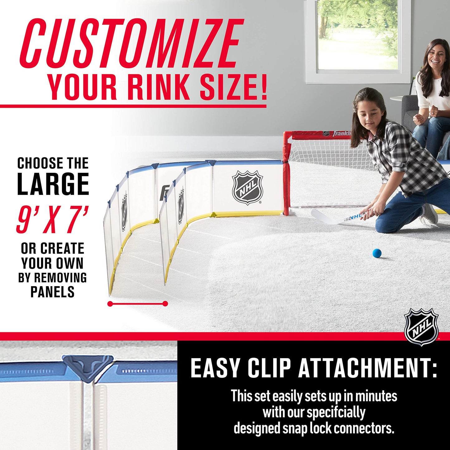 Franklin Sports Mini Hockey Rink Set - Half Rink Knee Hockey Goal, Mini Sticks, and Ball Set - Indoor Mini Hockey Rink - Official NHL Licensed White