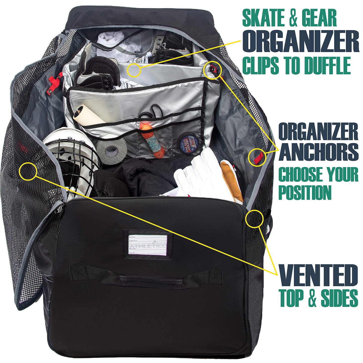 Athletico Hockey Duffle Bag - 35" Large Ice Hockey Duffel XXL Travel Bag for Equipment & Gear, with Included Organizer Caddy (Back)