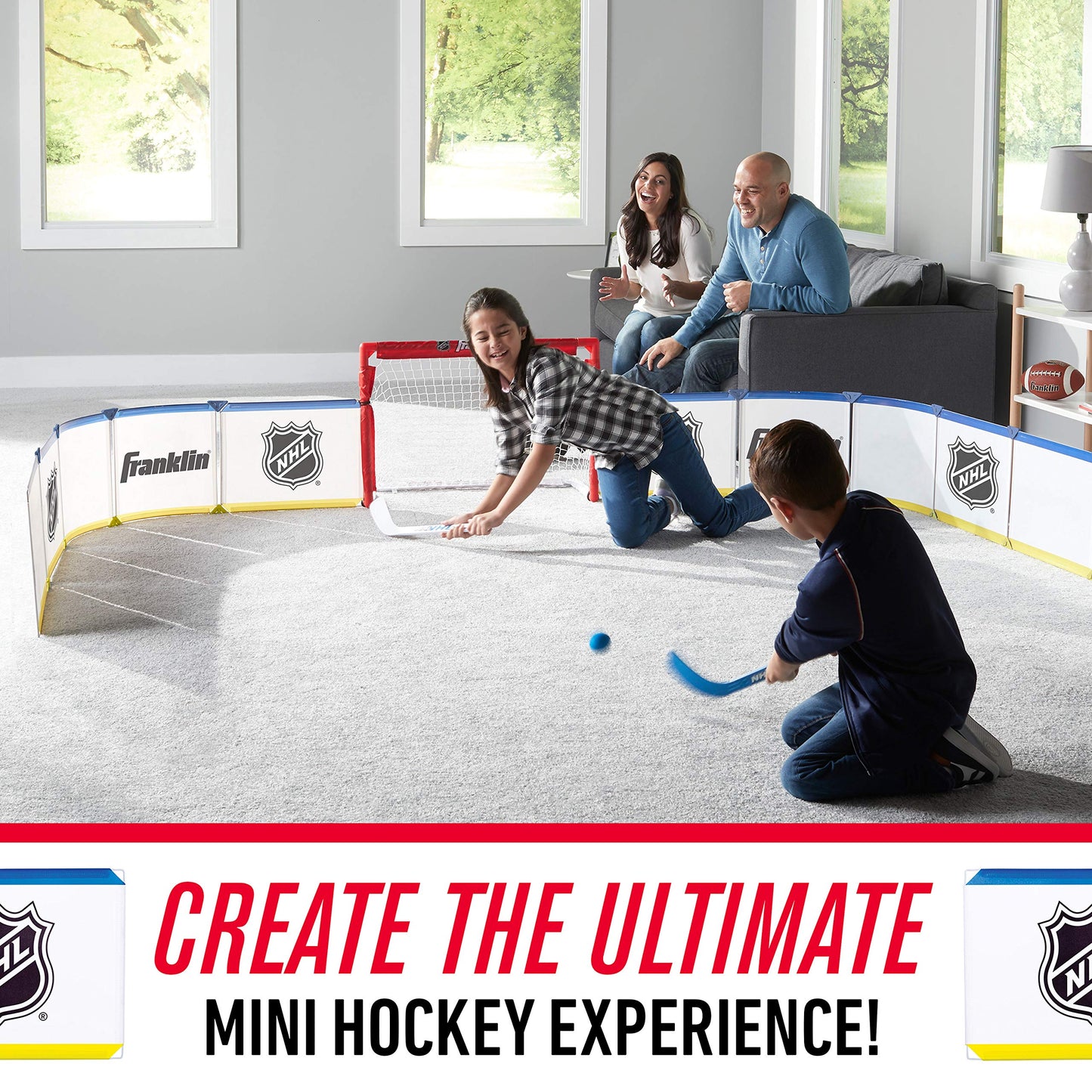 Franklin Sports Mini Hockey Rink Set - Half Rink Knee Hockey Goal, Mini Sticks, and Ball Set - Indoor Mini Hockey Rink - Official NHL Licensed White